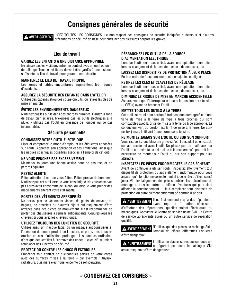 Consignes générales de sécurité, Conservez ces consignes, Lieu de travail | Sécurité personnelle | Skil 3320-01 User Manual | Page 21 / 60