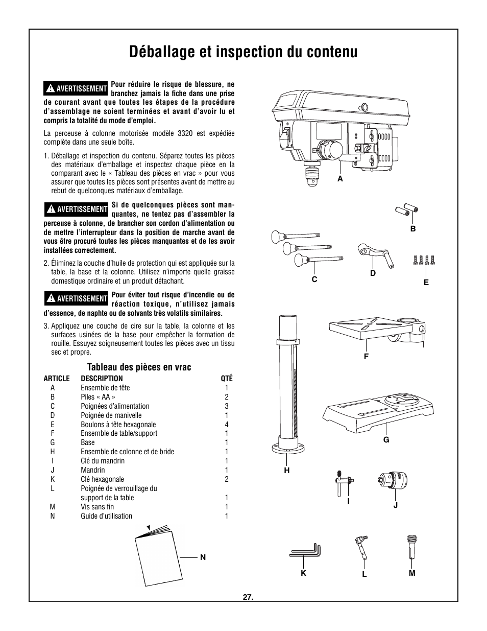 Déballage et inspection du contenu, Tableau des pièces en vrac | Skil 3320-01 User Manual | Page 27 / 60