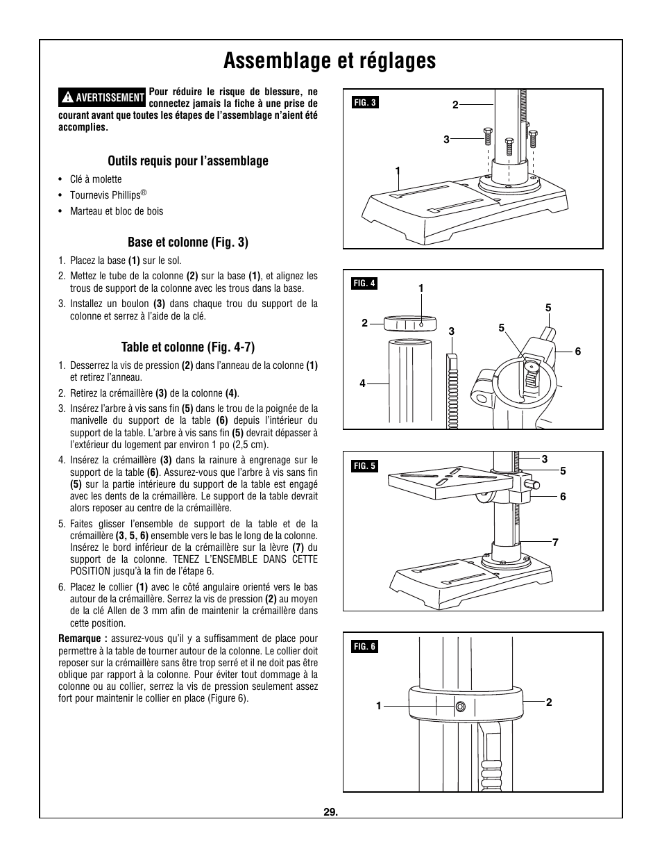 Assemblage et réglages, Outils requis pour l’assemblage, Base et colonne (fig. 3) | Table et colonne (fig. 4-7) | Skil 3320-01 User Manual | Page 29 / 60