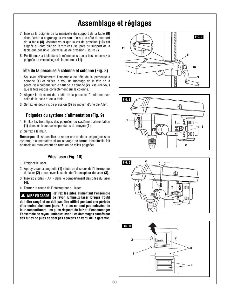 Assemblage et réglages, Tête de la perceuse à colonne et colonne (fig. 8), Poignées du système d’alimentation (fig. 9) | Piles laser (fig. 10) | Skil 3320-01 User Manual | Page 30 / 60