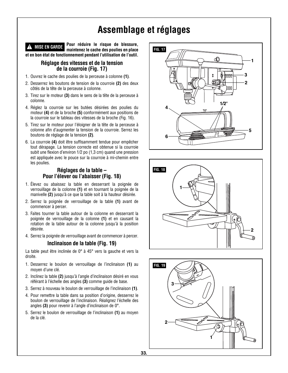 Assemblage et réglages, Inclinaison de la table (fig. 19) | Skil 3320-01 User Manual | Page 33 / 60