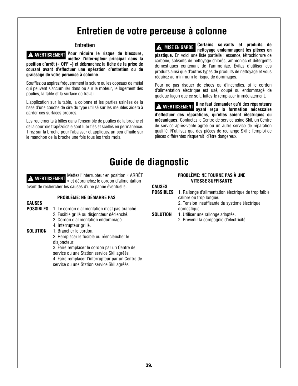 Entretien de votre perceuse à colonne, Guide de diagnostic | Skil 3320-01 User Manual | Page 39 / 60