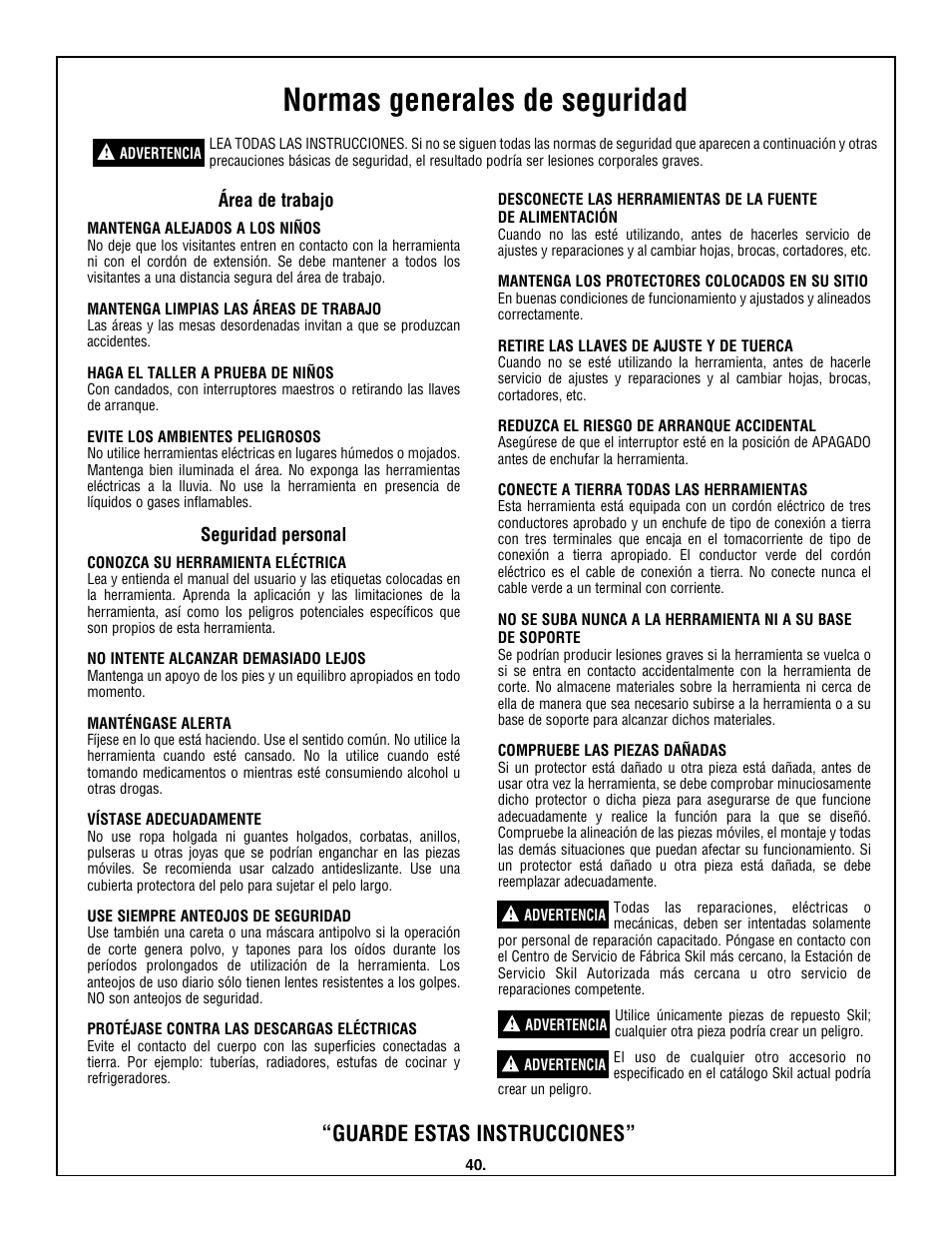 Normas generales de seguridad, Guarde estas instrucciones | Skil 3320-01 User Manual | Page 40 / 60