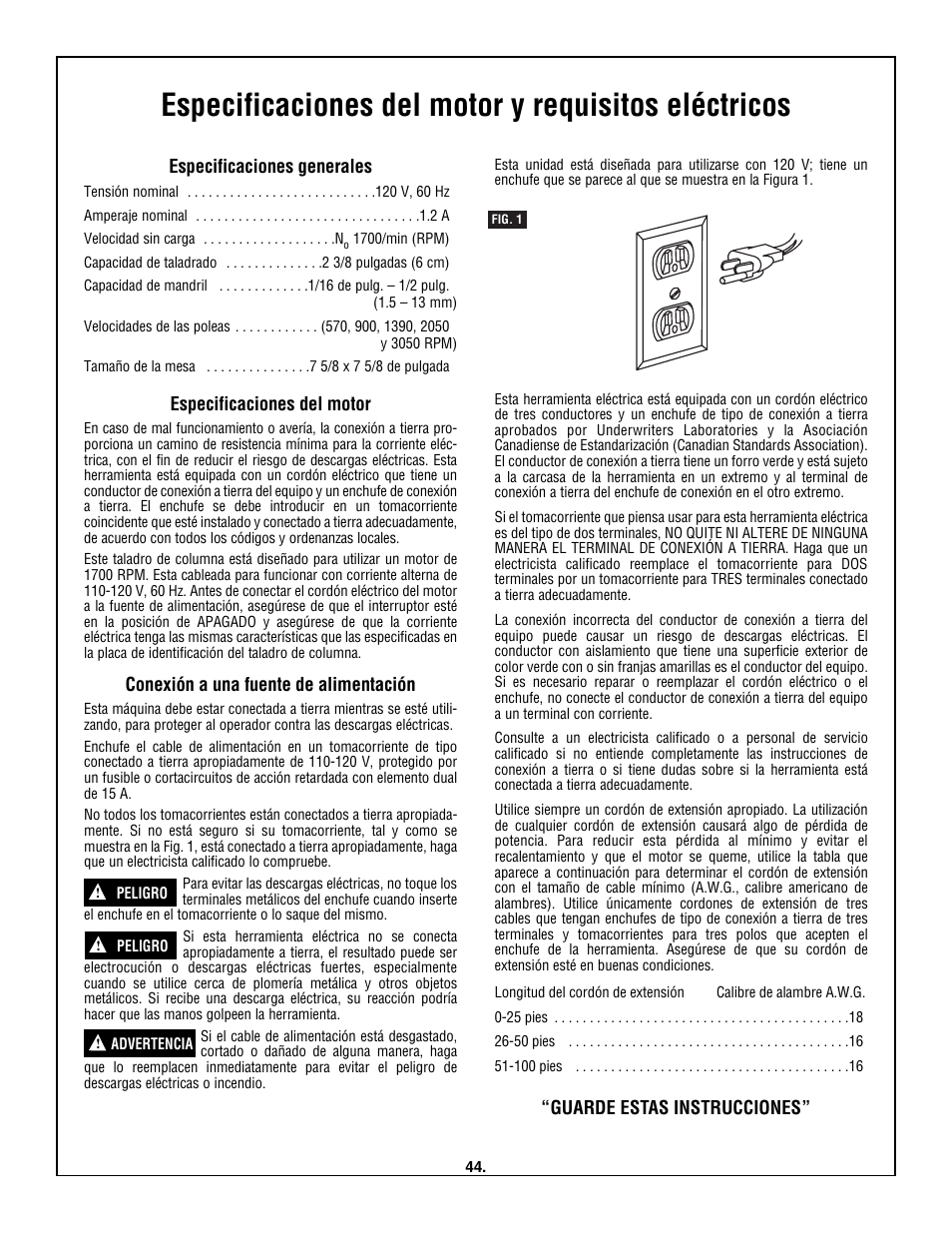 Especificaciones del motor y requisitos eléctricos | Skil 3320-01 User Manual | Page 44 / 60