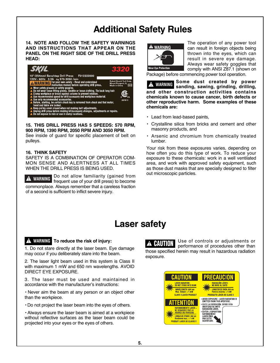 Additional safety rules laser safety, Caution | Skil 3320-01 User Manual | Page 5 / 60