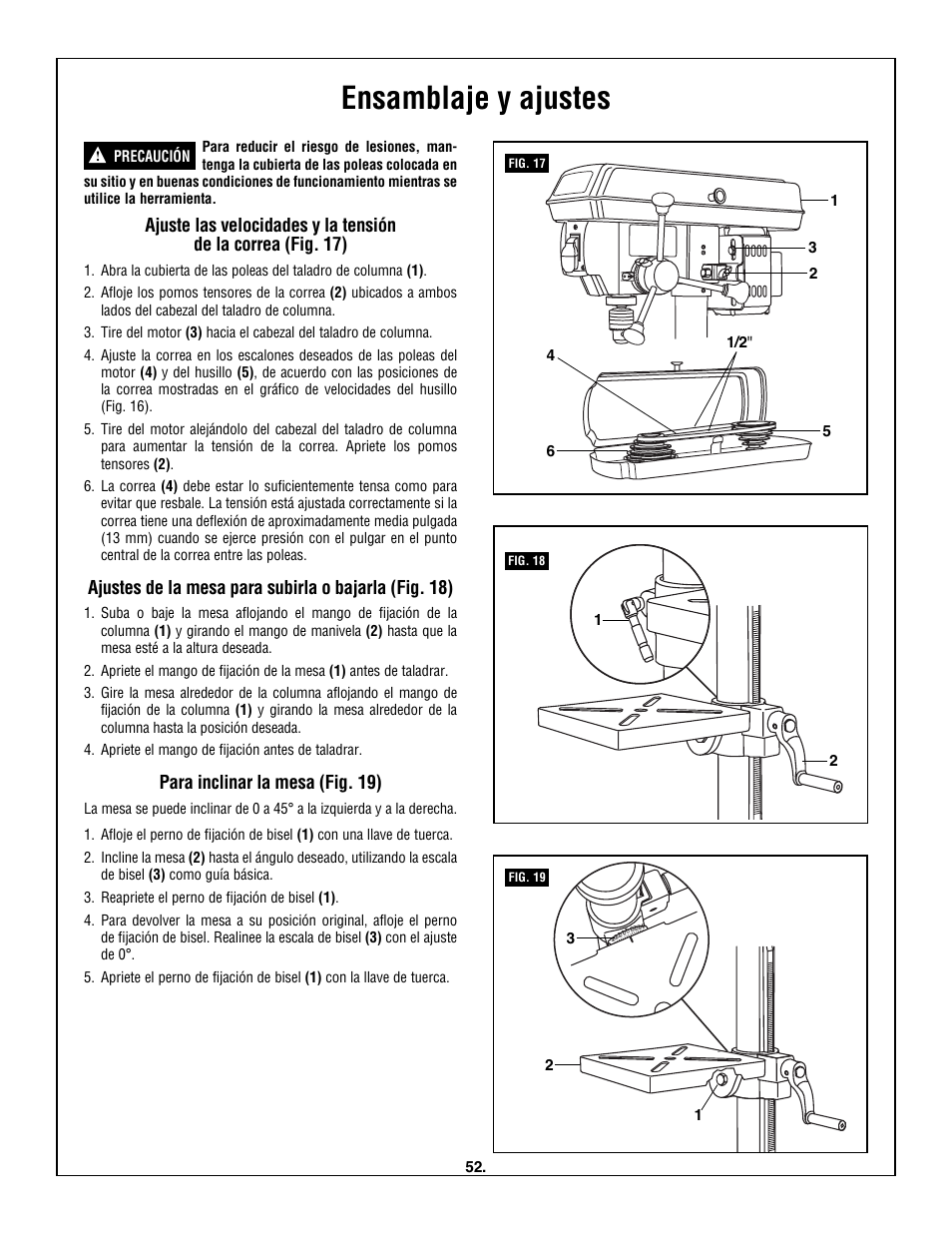 Ensamblaje y ajustes, Para inclinar la mesa (fig. 19) | Skil 3320-01 User Manual | Page 52 / 60