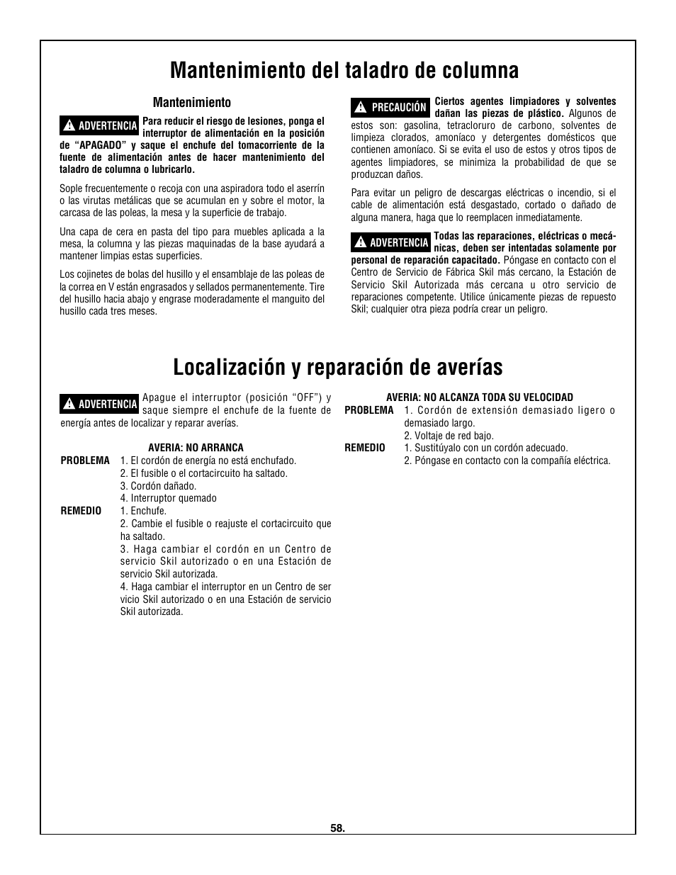 Mantenimiento del taladro de columna, Localización y reparación de averías | Skil 3320-01 User Manual | Page 58 / 60