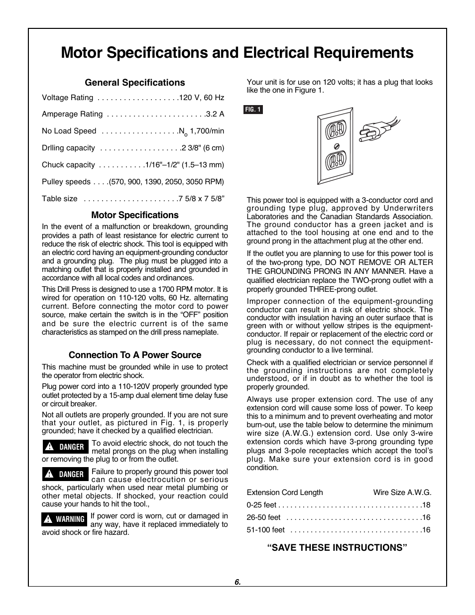 Motor specifications and electrical requirements | Skil 3320-01 User Manual | Page 6 / 60