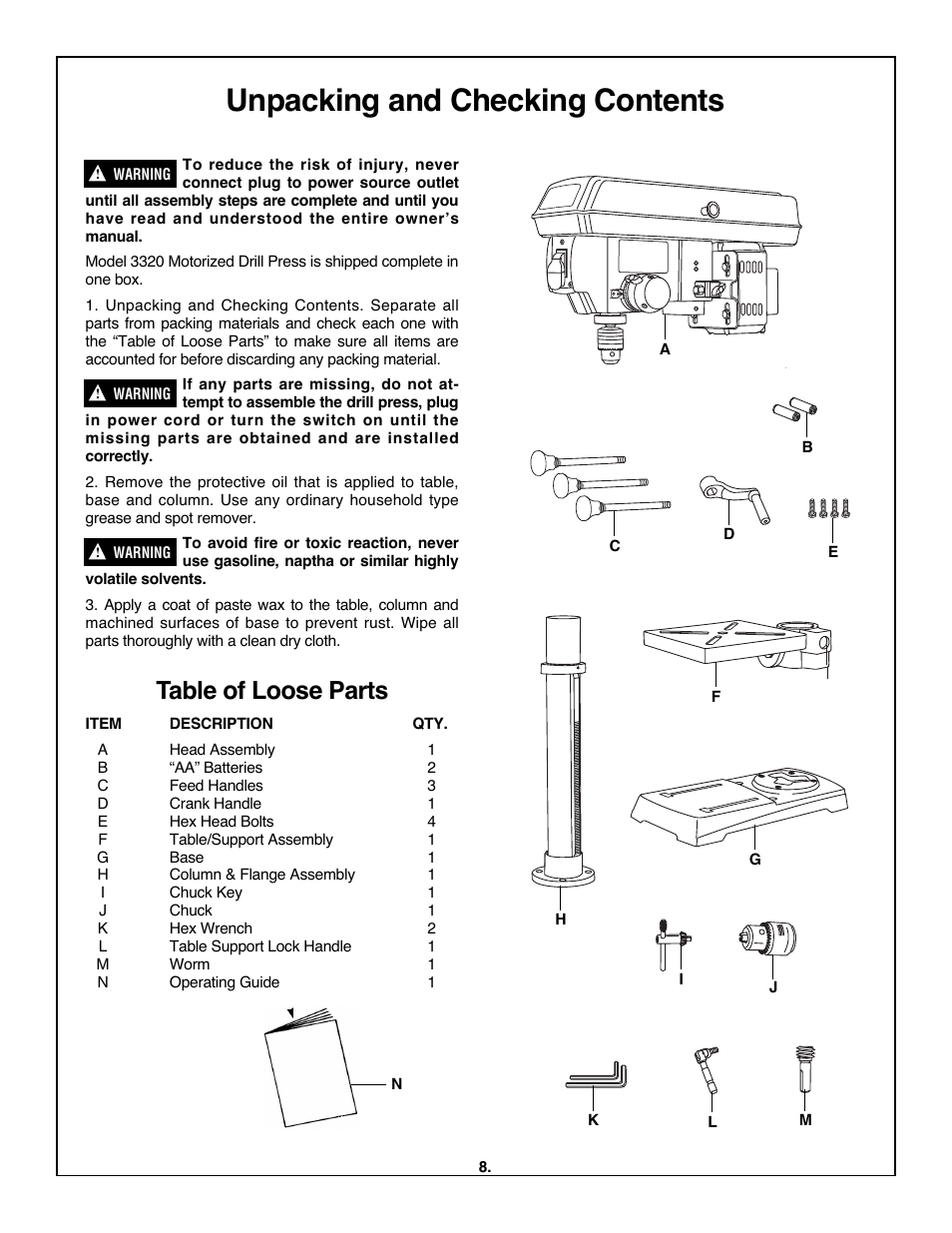 Unpacking and checking contents, Table of loose parts | Skil 3320-01 User Manual | Page 8 / 60