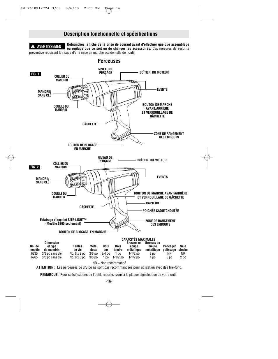 Description fonctionnelle et spécifications, Perceuses | Skil 6265 User Manual | Page 16 / 32