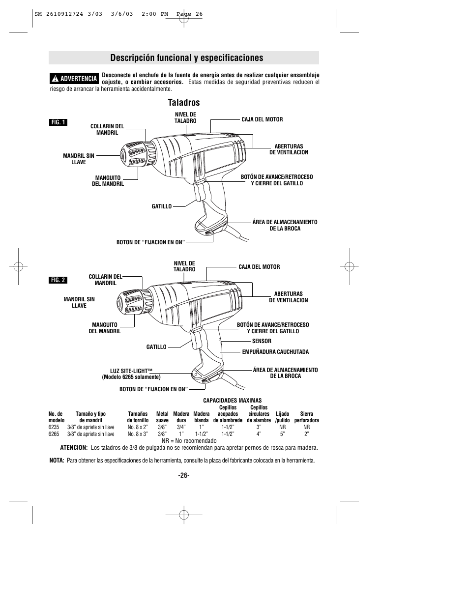 Descripción funcional y especificaciones, Taladros | Skil 6265 User Manual | Page 26 / 32
