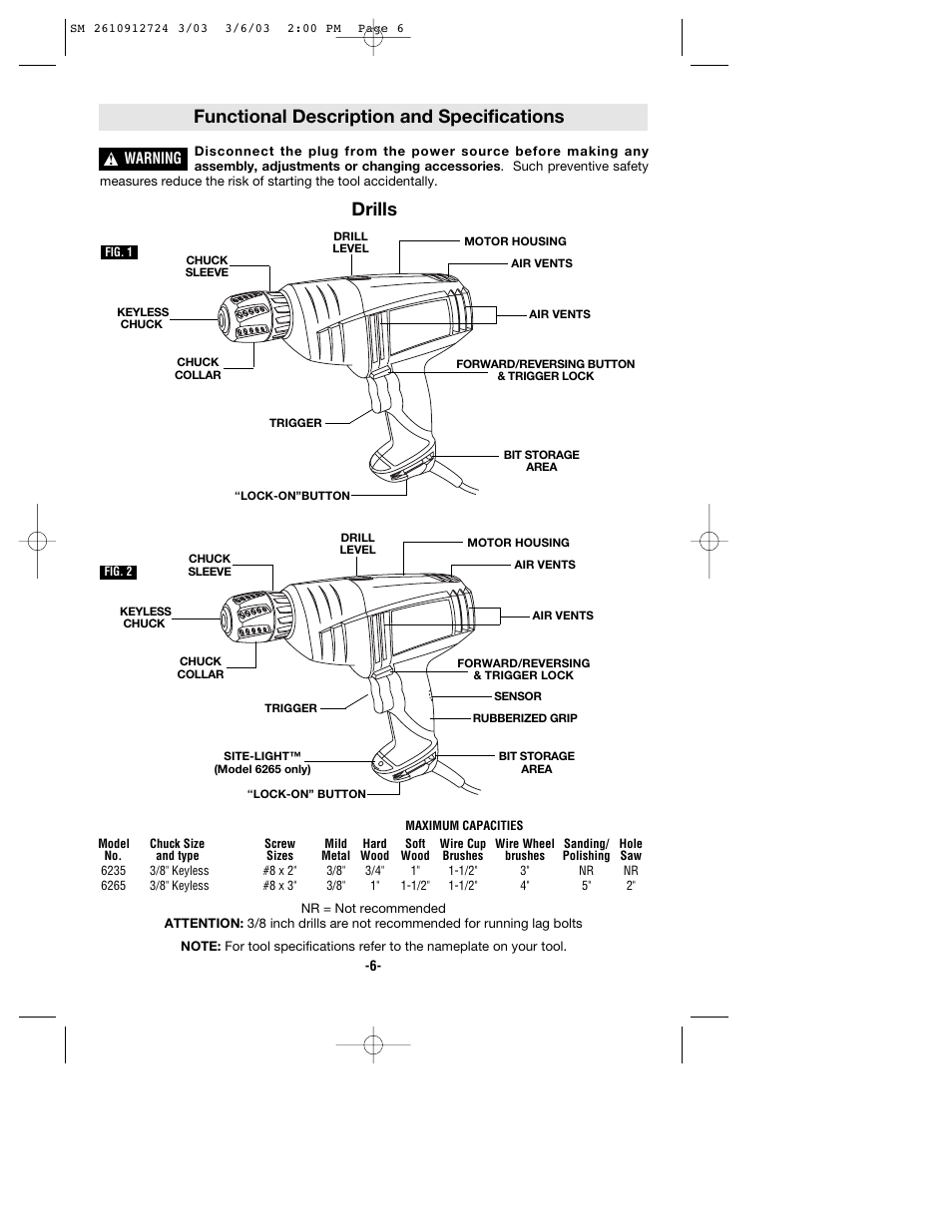 Functional description and specifications, Drills | Skil 6265 User Manual | Page 6 / 32