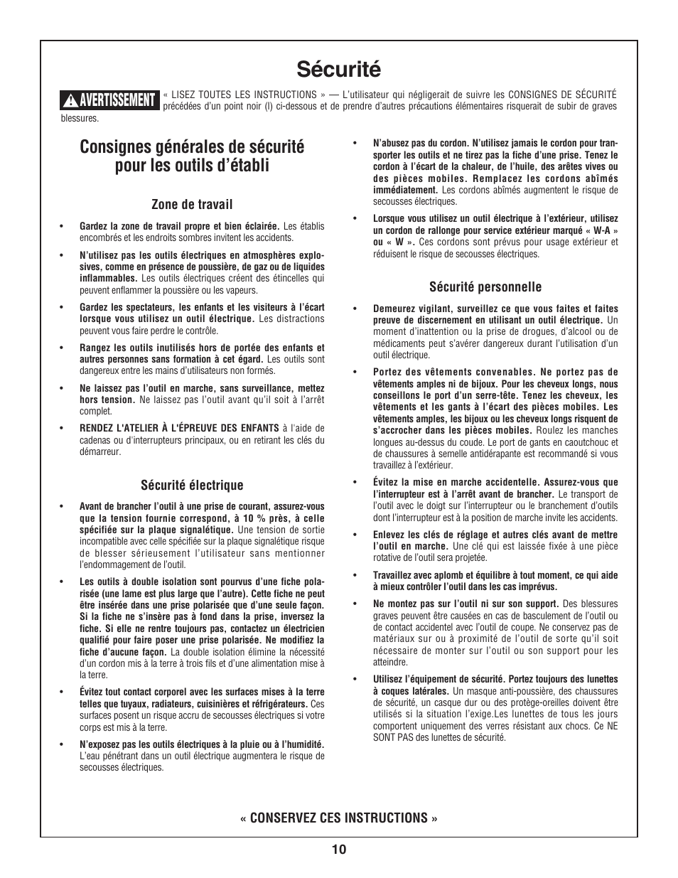 Sécurité, Avertissement | Skil 3800 User Manual | Page 10 / 74