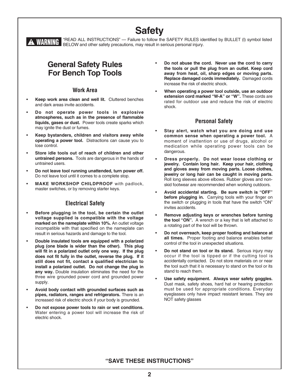 Safety, General safety rules for bench top tools, Warning | Skil 3800 User Manual | Page 2 / 74
