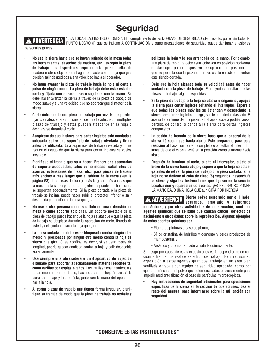 Seguridad, Advertencia, Conserve estas instrucciones | Skil 3800 User Manual | Page 20 / 74