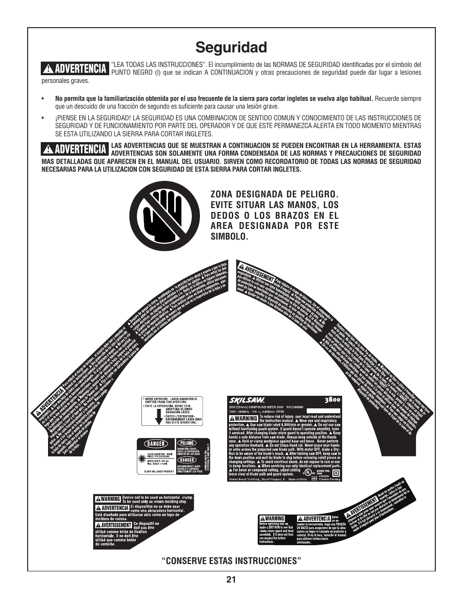 Seguridad, Advertencia, Warnin | Conserve estas instrucciones | Skil 3800 User Manual | Page 21 / 74