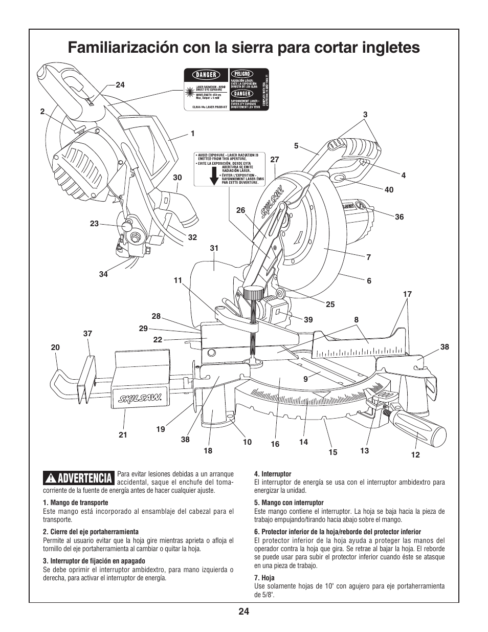 Familiarización con la sierra para cortar ingletes, Advertencia | Skil 3800 User Manual | Page 24 / 74