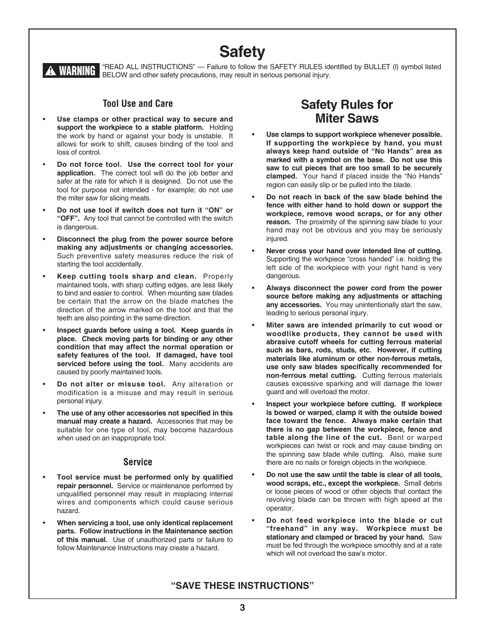 Safety, Safety rules for miter saws, Warning | Skil 3800 User Manual | Page 3 / 74