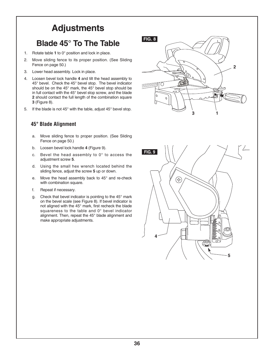 Adjustments, Blade 45° to the table, 45° blade alignment | Skil 3800 User Manual | Page 36 / 74