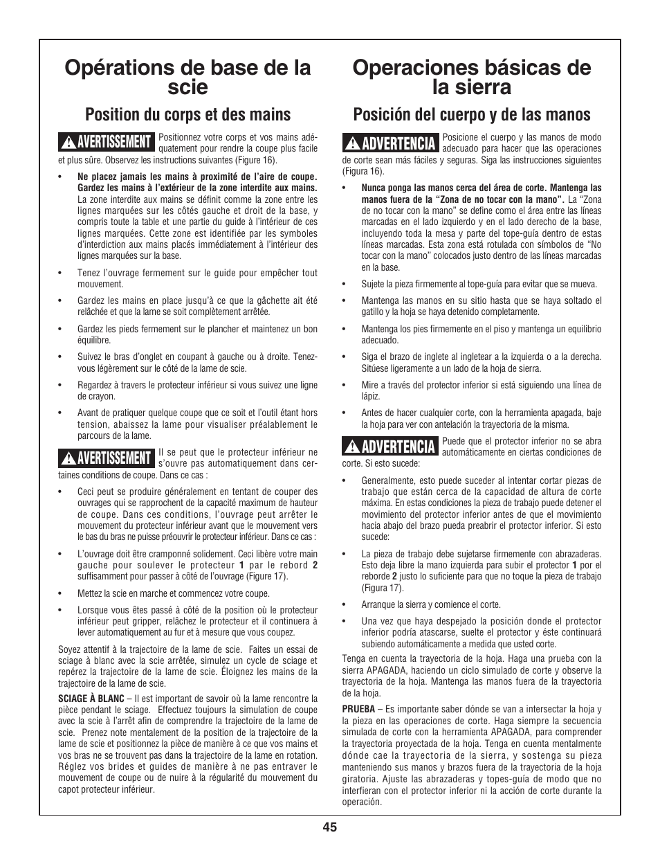 Opérations de base de la scie, Operaciones básicas de la sierra, Position du corps et des mains | Avertissement, Posición del cuerpo y de las manos, Advertencia | Skil 3800 User Manual | Page 45 / 74