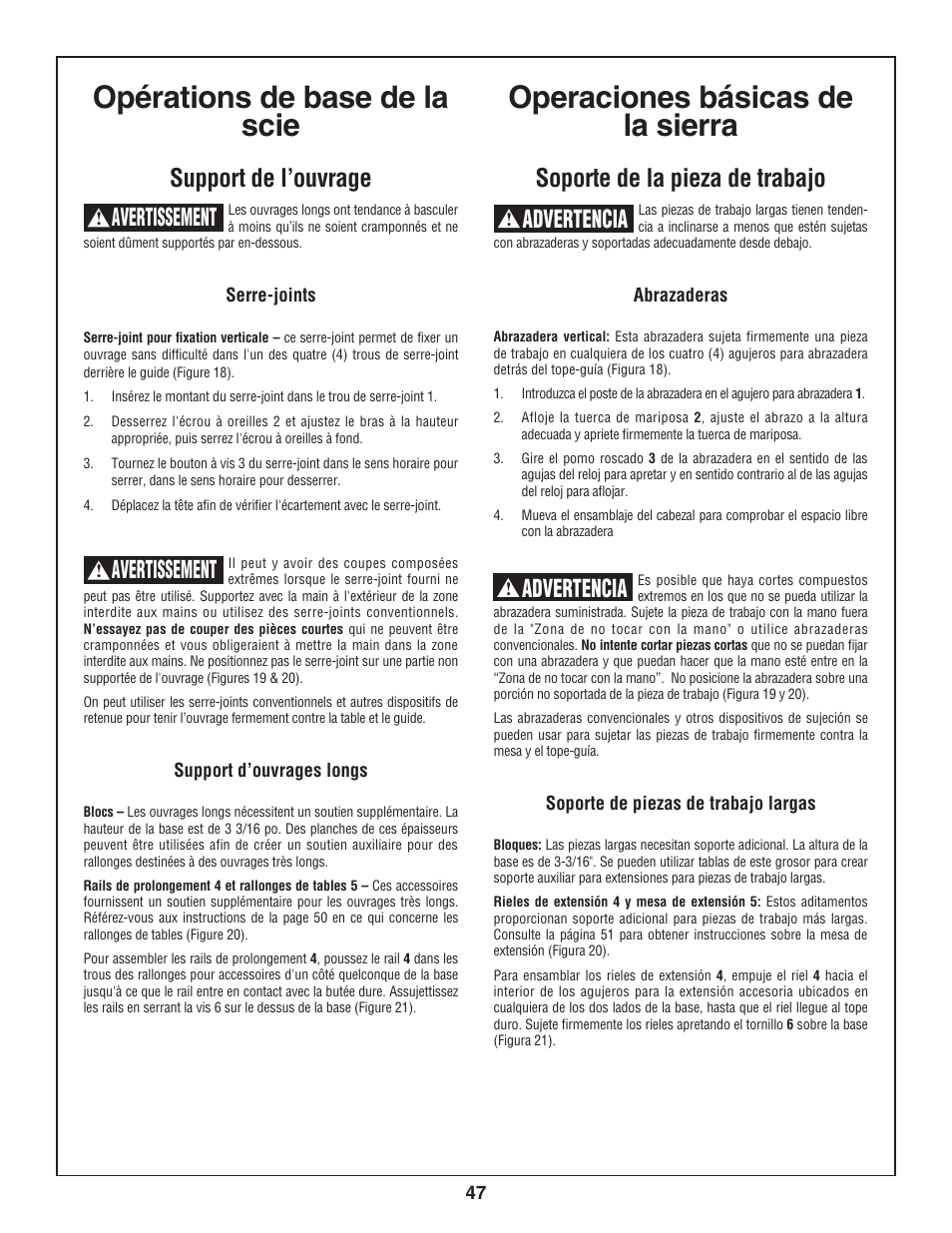 Opérations de base de la scie, Operaciones básicas de la sierra, Support de l’ouvrage | Avertissement, Soporte de la pieza de trabajo, Advertencia | Skil 3800 User Manual | Page 47 / 74