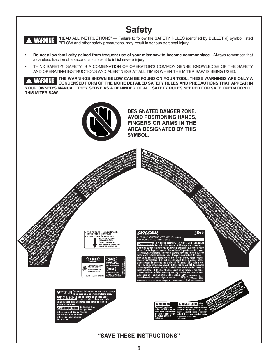 Safety, Warning | Skil 3800 User Manual | Page 5 / 74