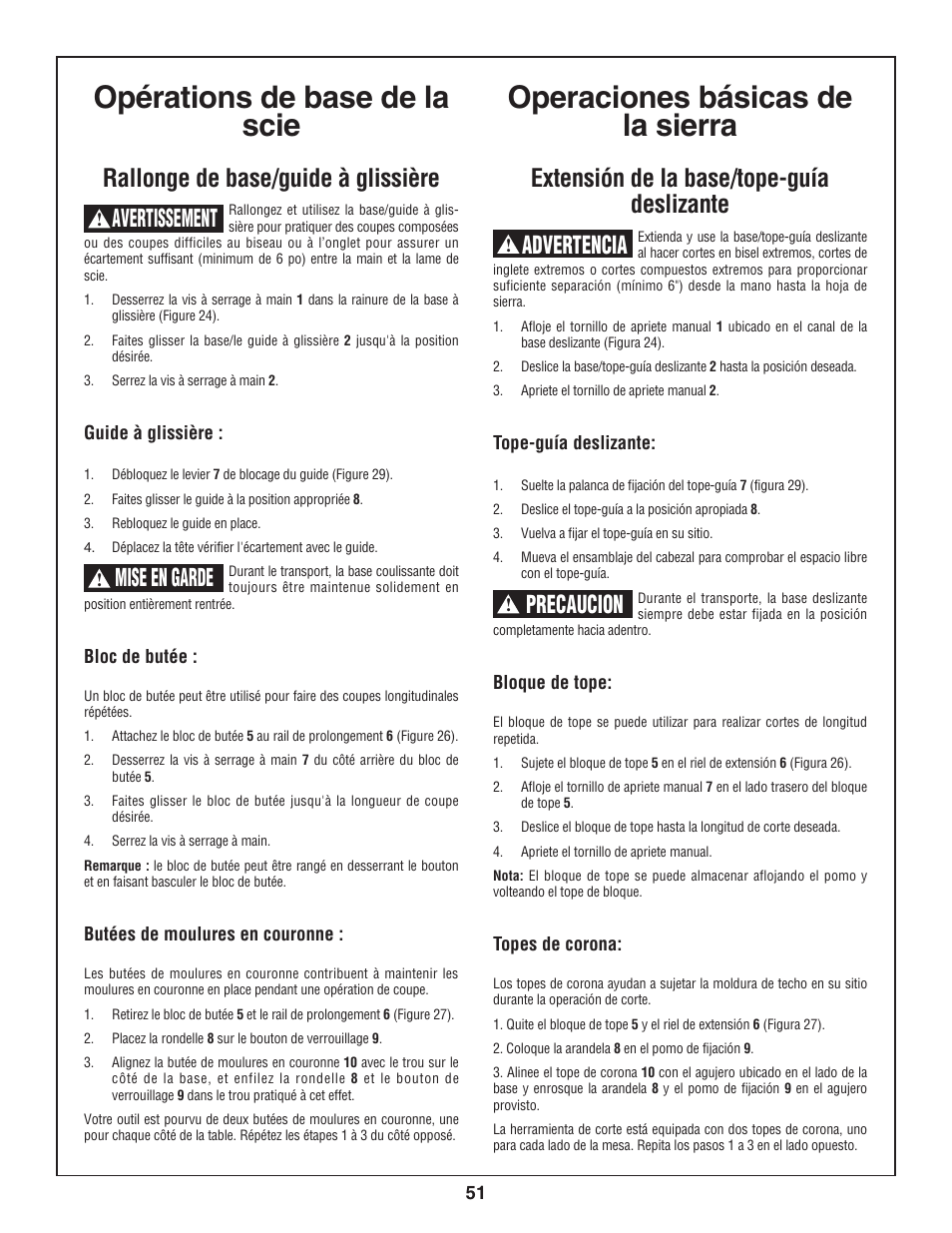 Opérations de base de la scie, Operaciones básicas de la sierra, Rallonge de base/guide à glissière | Extensión de la base/tope-guía deslizante, Avertissement, Advertencia, Precaucion, Mise en garde | Skil 3800 User Manual | Page 51 / 74