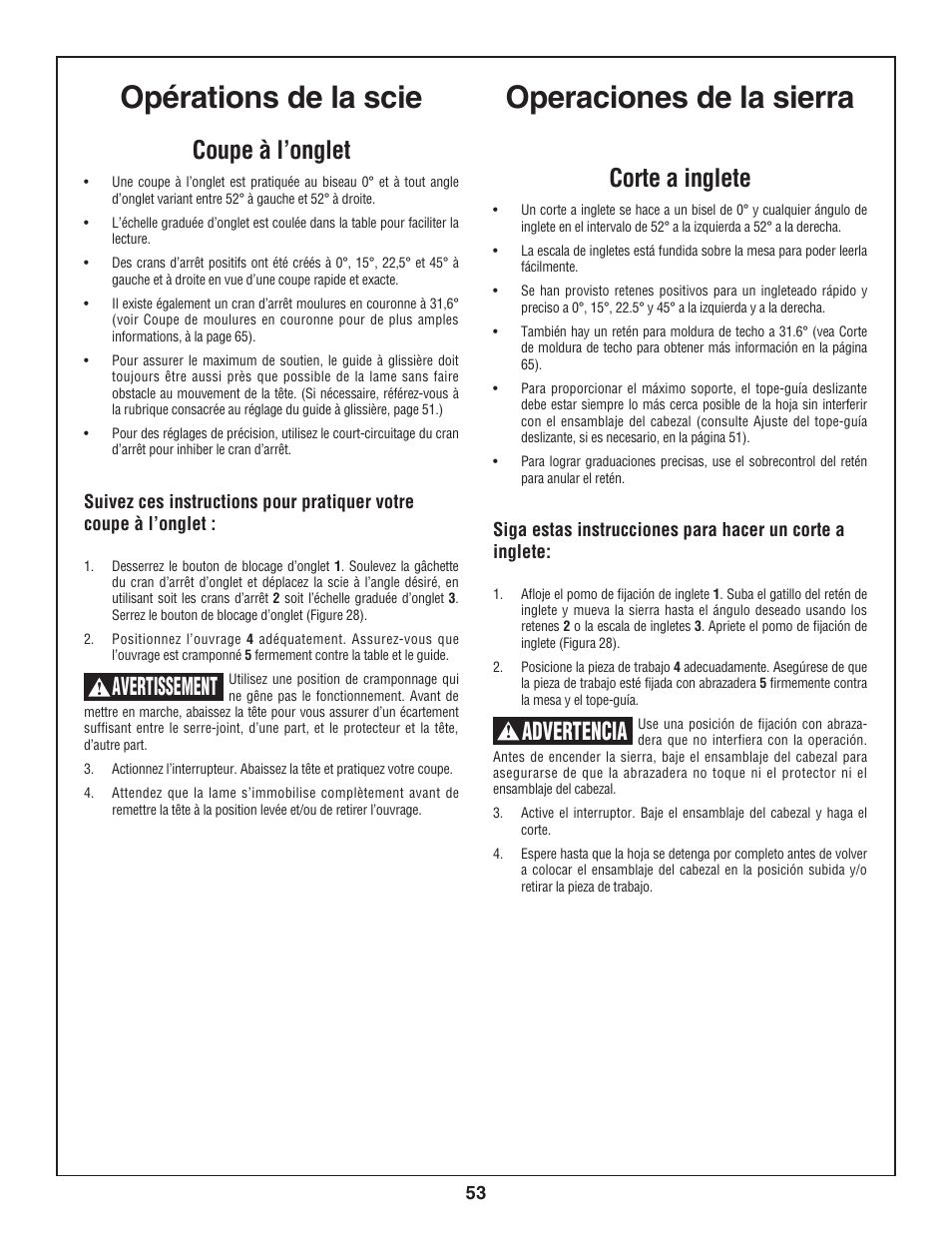 Opérations de la scie, Operaciones de la sierra, Coupe à l’onglet | Avertissement, Corte a inglete, Advertencia | Skil 3800 User Manual | Page 53 / 74