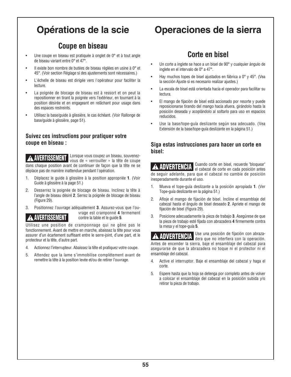 Operaciones de la sierra, Opérations de la scie, Coupe en biseau | Avertissement, Corte en bisel, Advertencia | Skil 3800 User Manual | Page 55 / 74