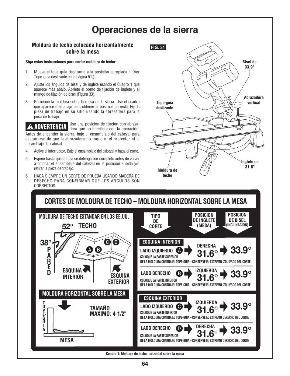 Operaciones de la sierra, Advertencia | Skil 3800 User Manual | Page 64 / 74