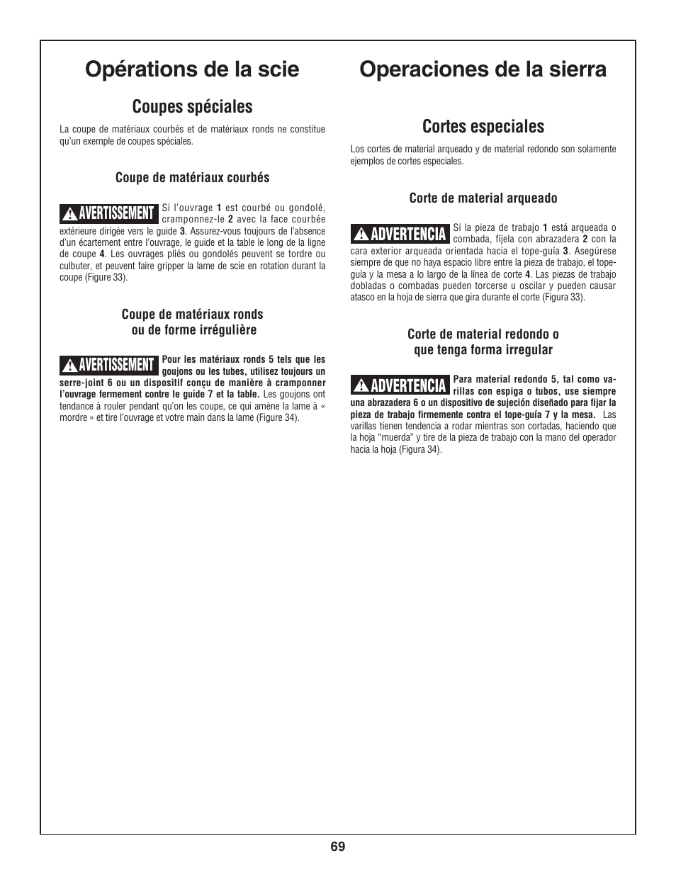 Opérations de la scie operaciones de la sierra, Coupes spéciales, Avertissement | Cortes especiales, Advertencia | Skil 3800 User Manual | Page 69 / 74