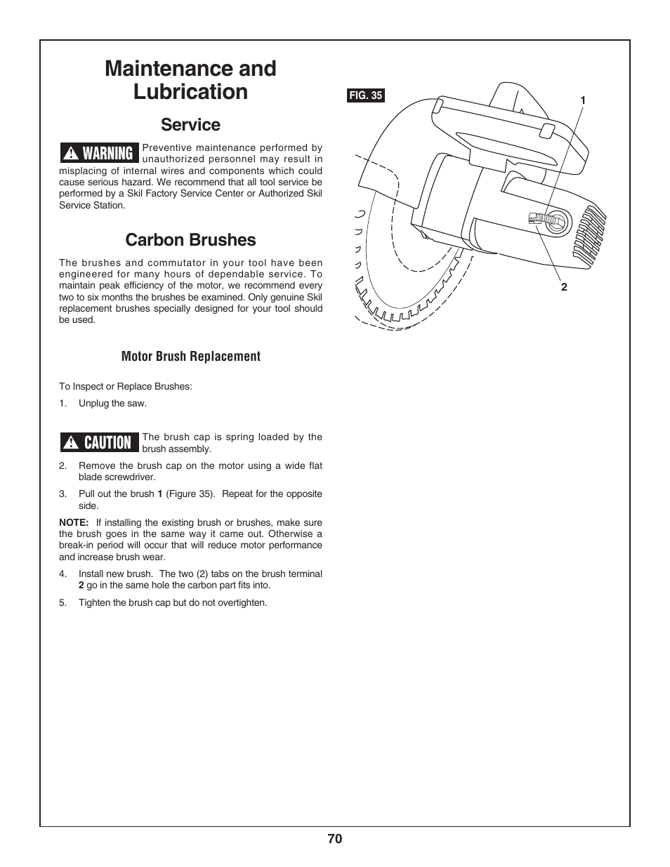 Maintenance and lubrication, Service, Carbon brushes | Warning, Caution | Skil 3800 User Manual | Page 70 / 74