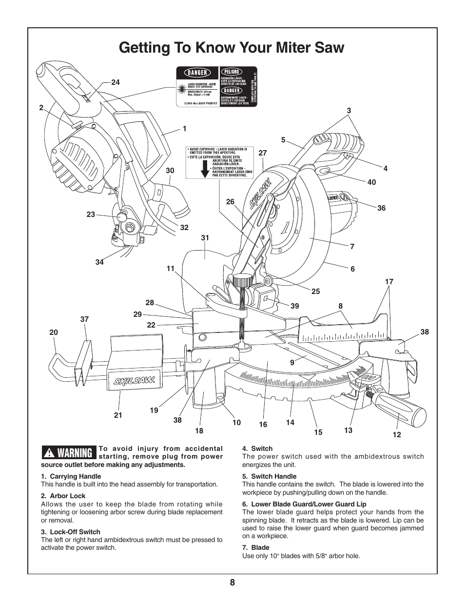 Getting to know your miter saw, Warning | Skil 3800 User Manual | Page 8 / 74