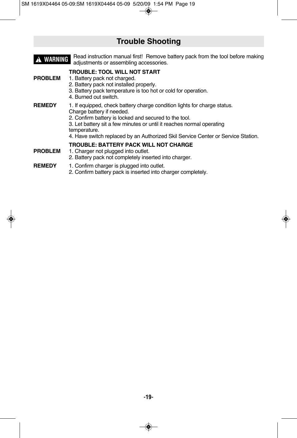 Trouble shooting | Skil 7305 User Manual | Page 19 / 56
