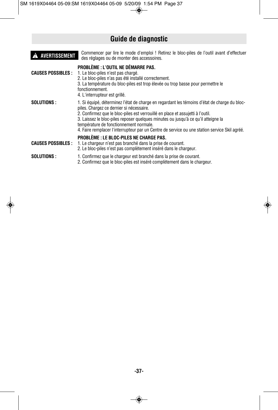 Guide de diagnostic | Skil 7305 User Manual | Page 37 / 56