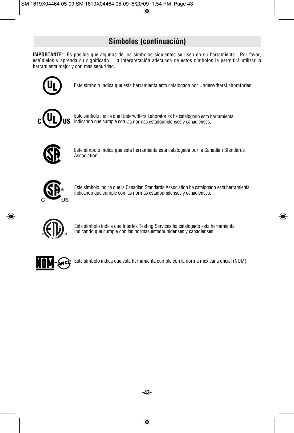Símbolos (continuación) | Skil 7305 User Manual | Page 43 / 56