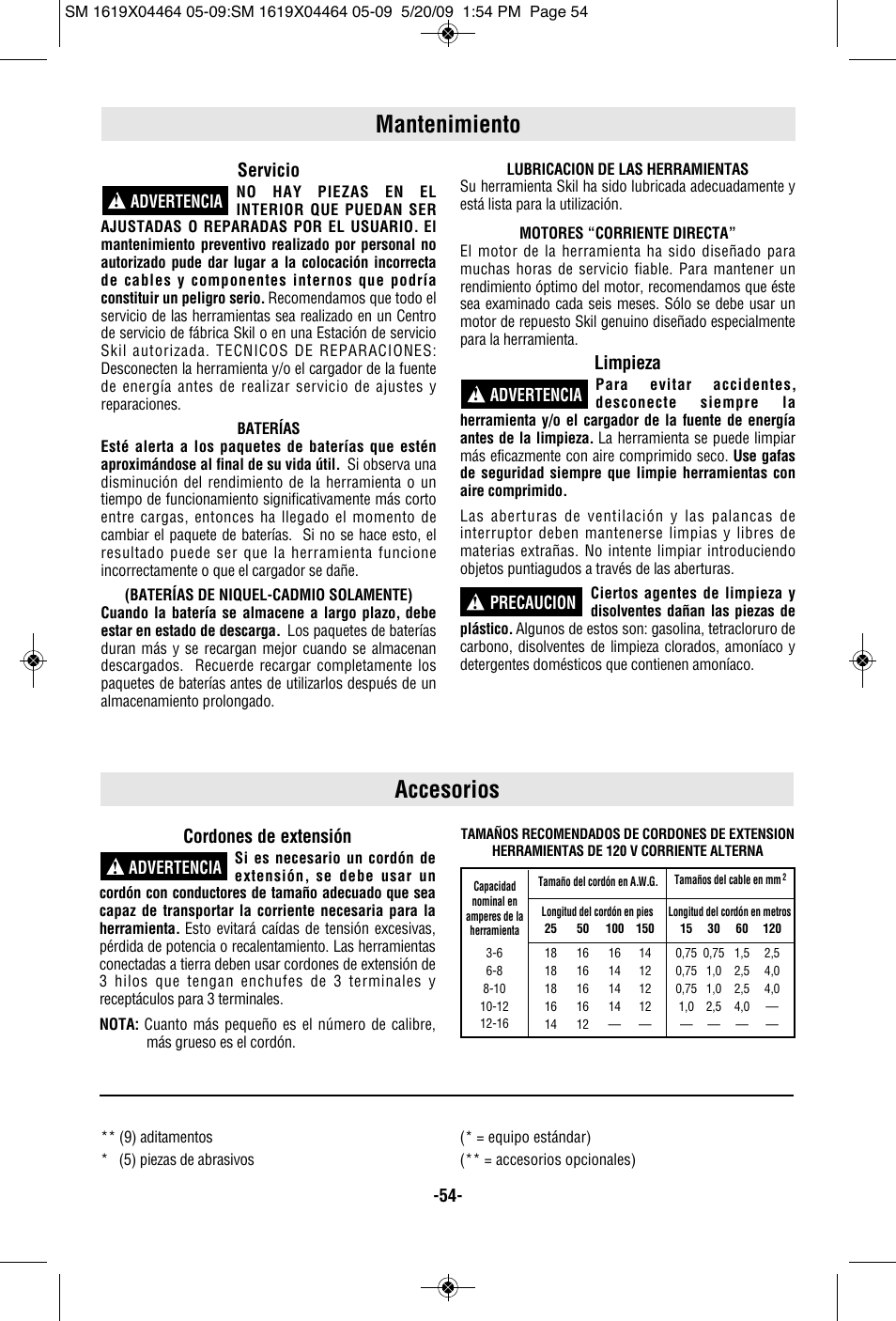Accesorios, Mantenimiento, Cordones de extensión | Servicio, Limpieza | Skil 7305 User Manual | Page 54 / 56