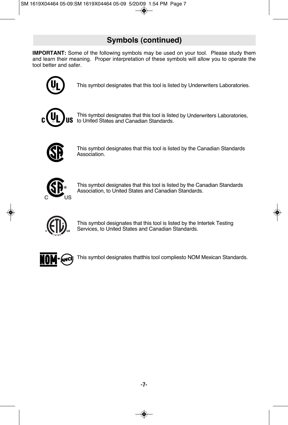 Symbols (continued) | Skil 7305 User Manual | Page 7 / 56