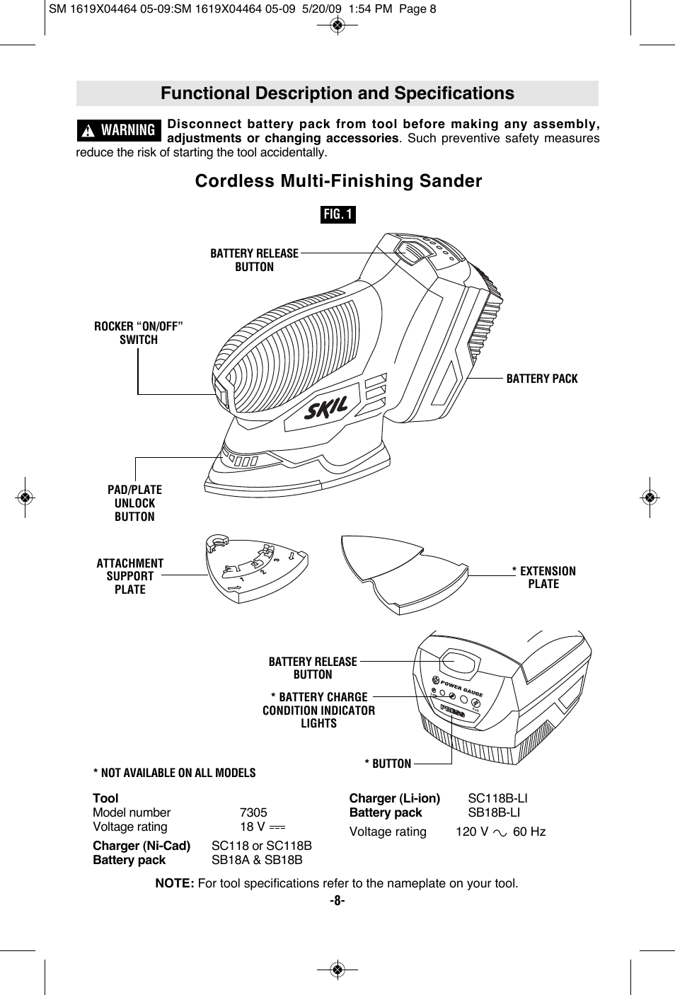 Functional description and specifications, Cordless multi-finishing sander | Skil 7305 User Manual | Page 8 / 56