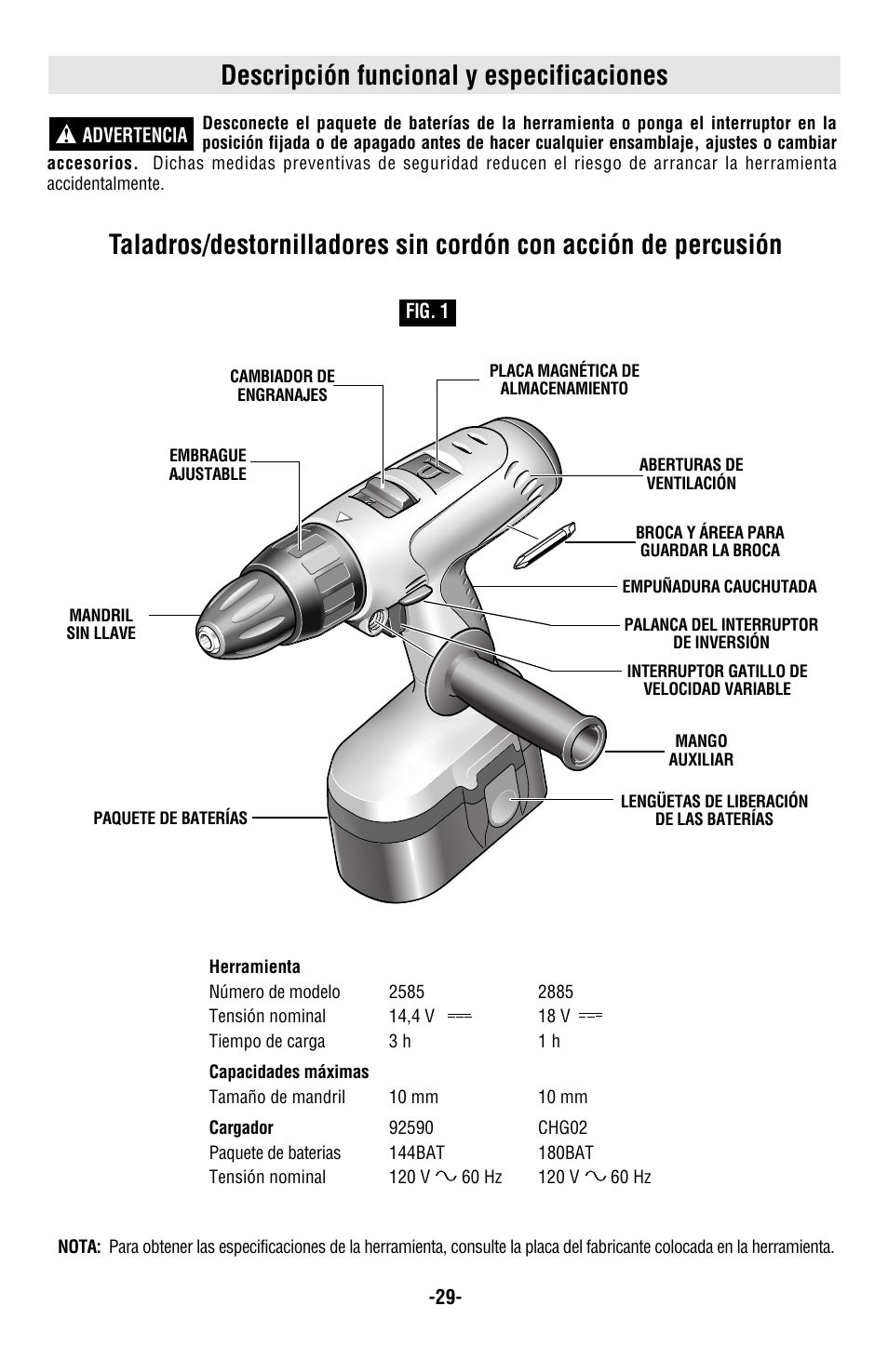 Descripción funcional y especificaciones | Skil 2885 User Manual | Page 29 / 36