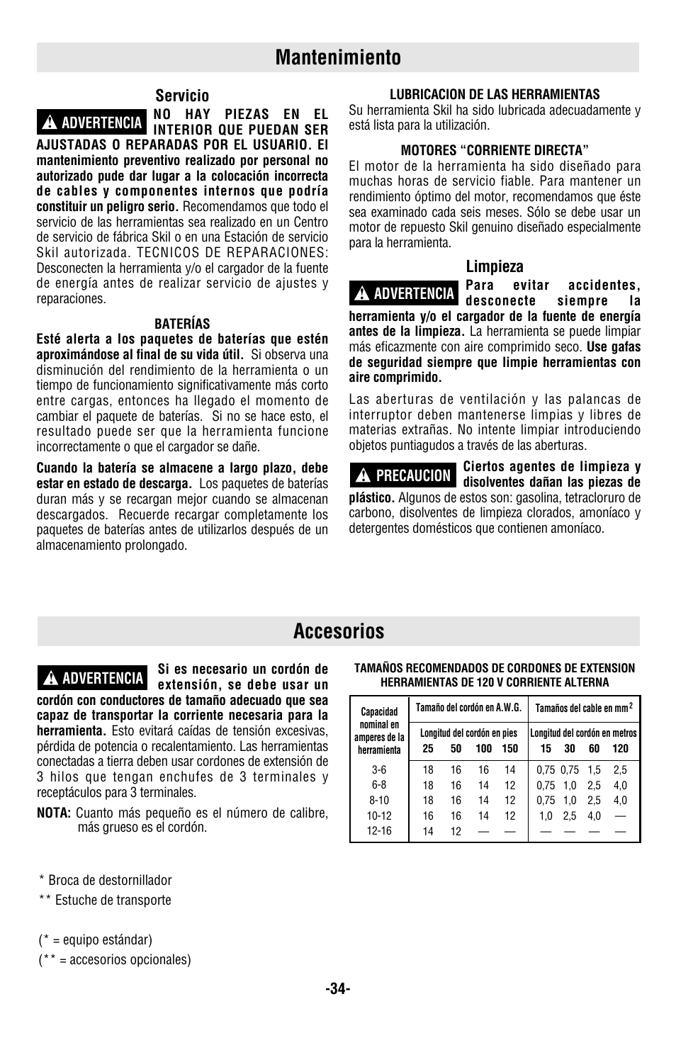Mantenimiento, Accesorios, Servicio | Limpieza, Advertencia ! advertencia ! precaucion, Advertencia | Skil 2885 User Manual | Page 34 / 36
