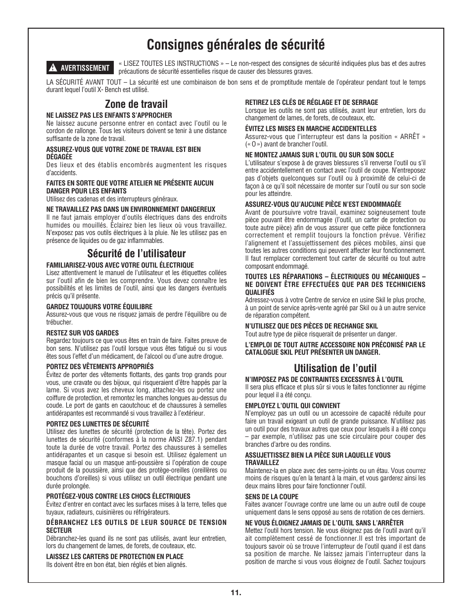 Consignes générales de sécurité, Zone de travail, Sécurité de l’utilisateur | Utilisation de l’outil | Skil 3110 User Manual | Page 11 / 32