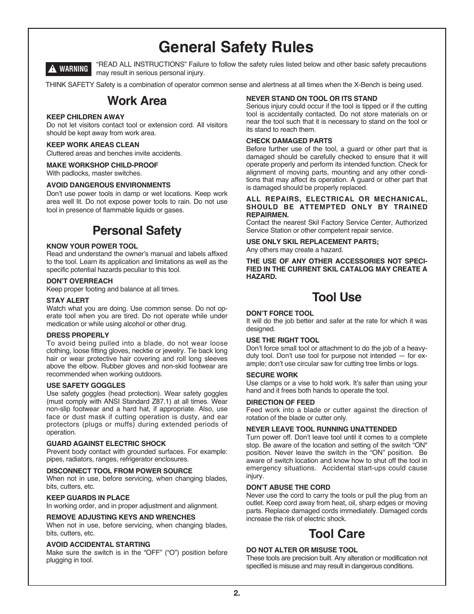 General safety rules, Work area, Personal safety | Tool use, Tool care | Skil 3110 User Manual | Page 2 / 32