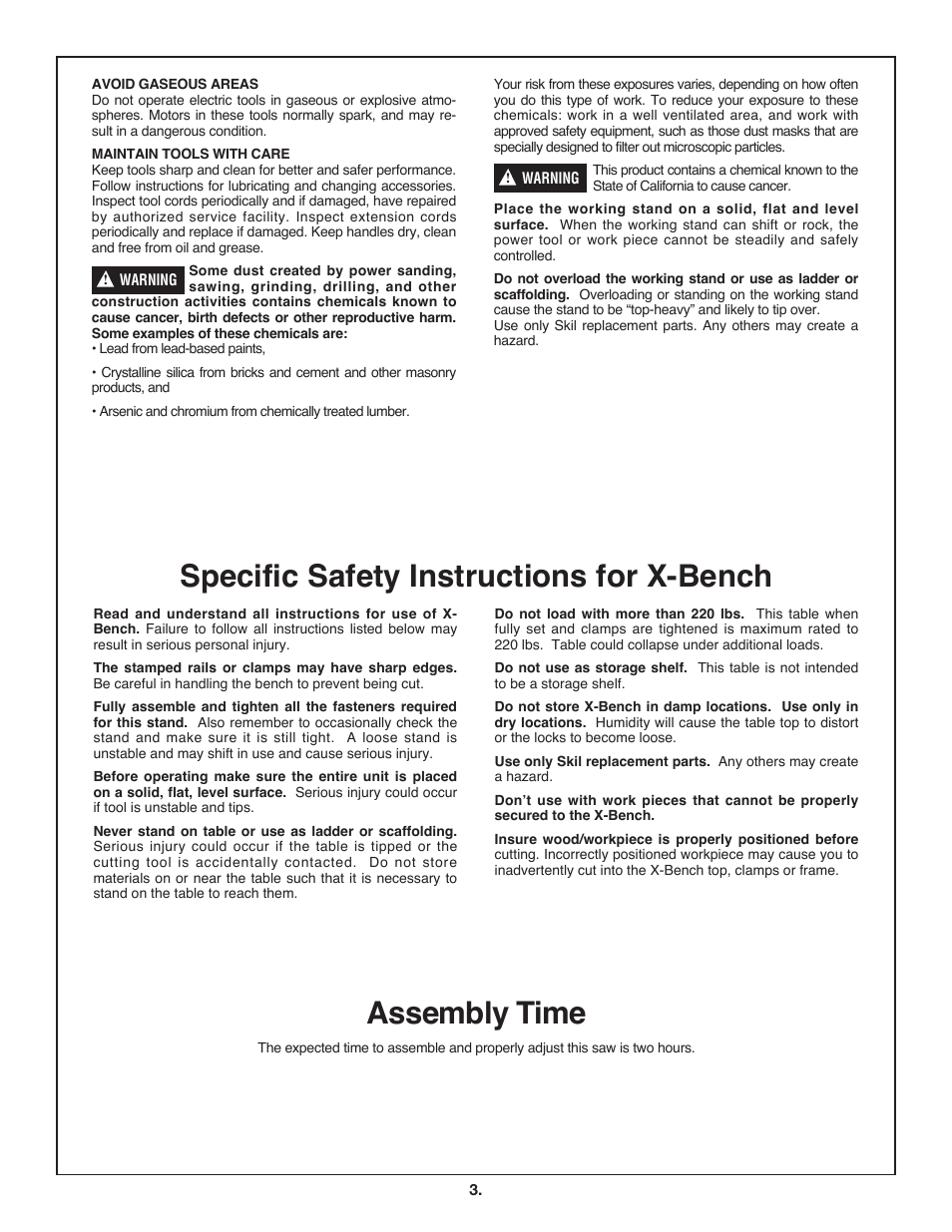Specific safety instructions for x-bench, Assembly time | Skil 3110 User Manual | Page 3 / 32