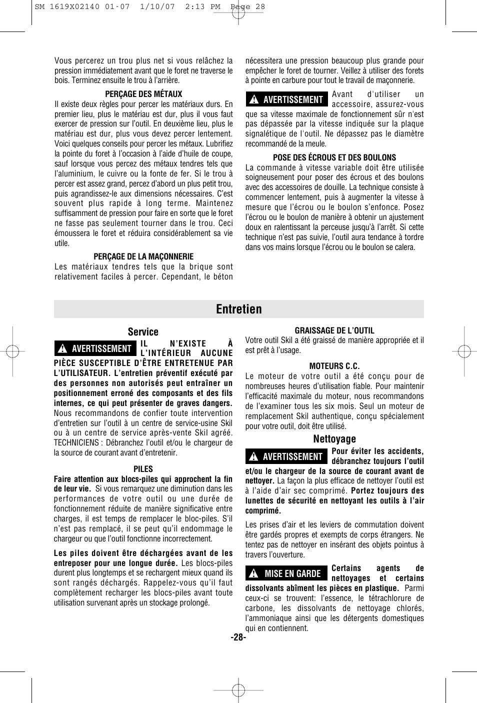 Entretien, Service, Nettoyage | Skil 2587 User Manual | Page 28 / 44