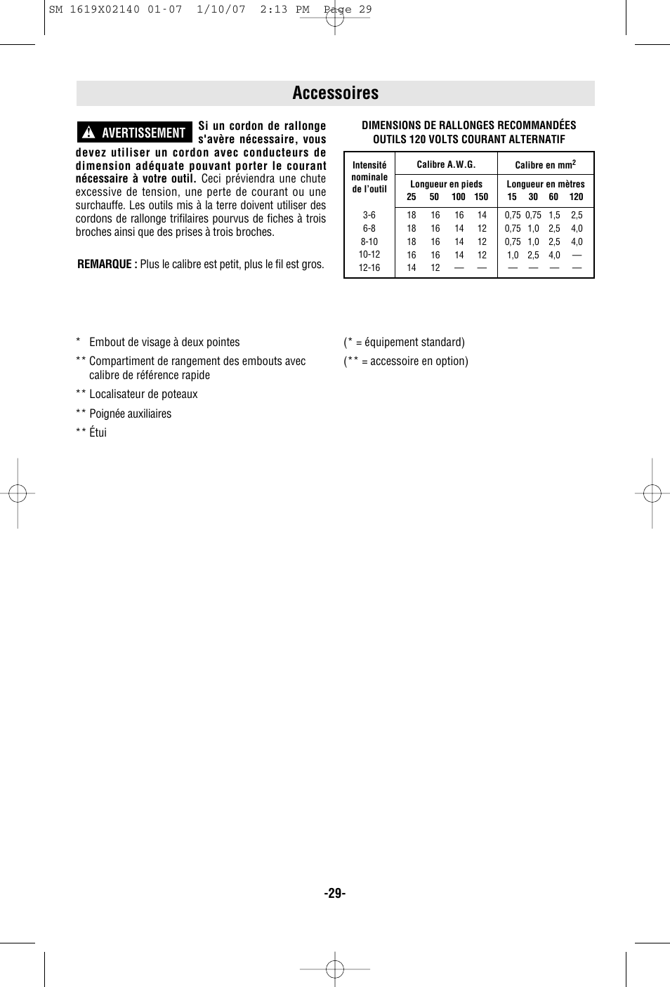 Accessoires, Avertissement | Skil 2587 User Manual | Page 29 / 44