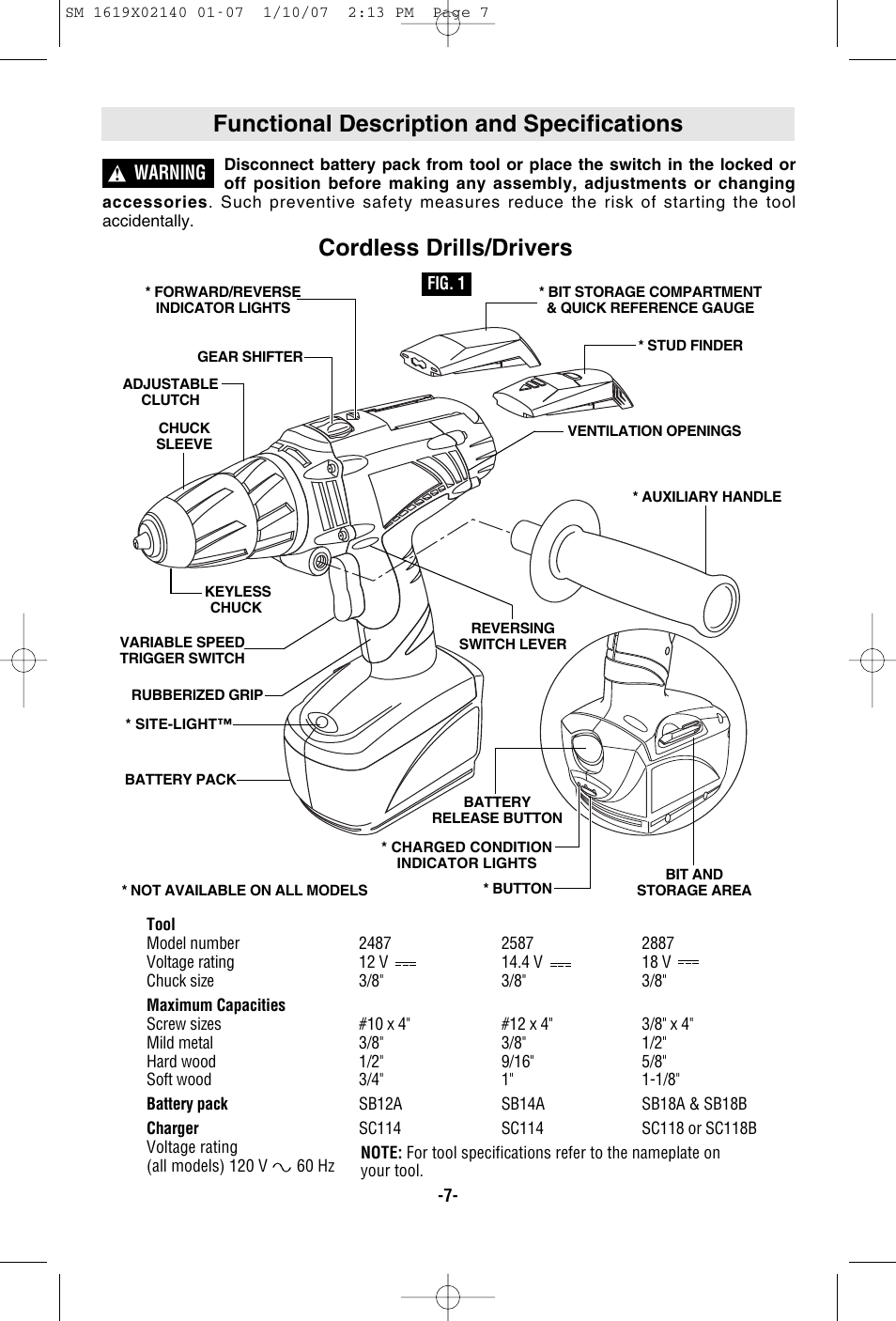 Functional description and specifications, Cordless drills/drivers, Warning | Skil 2587 User Manual | Page 7 / 44