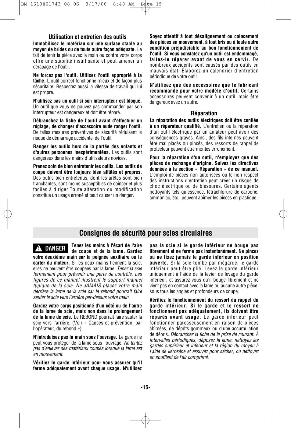 Consignes de sécurité pour scies circulaires | Skil 1677M User Manual | Page 15 / 40
