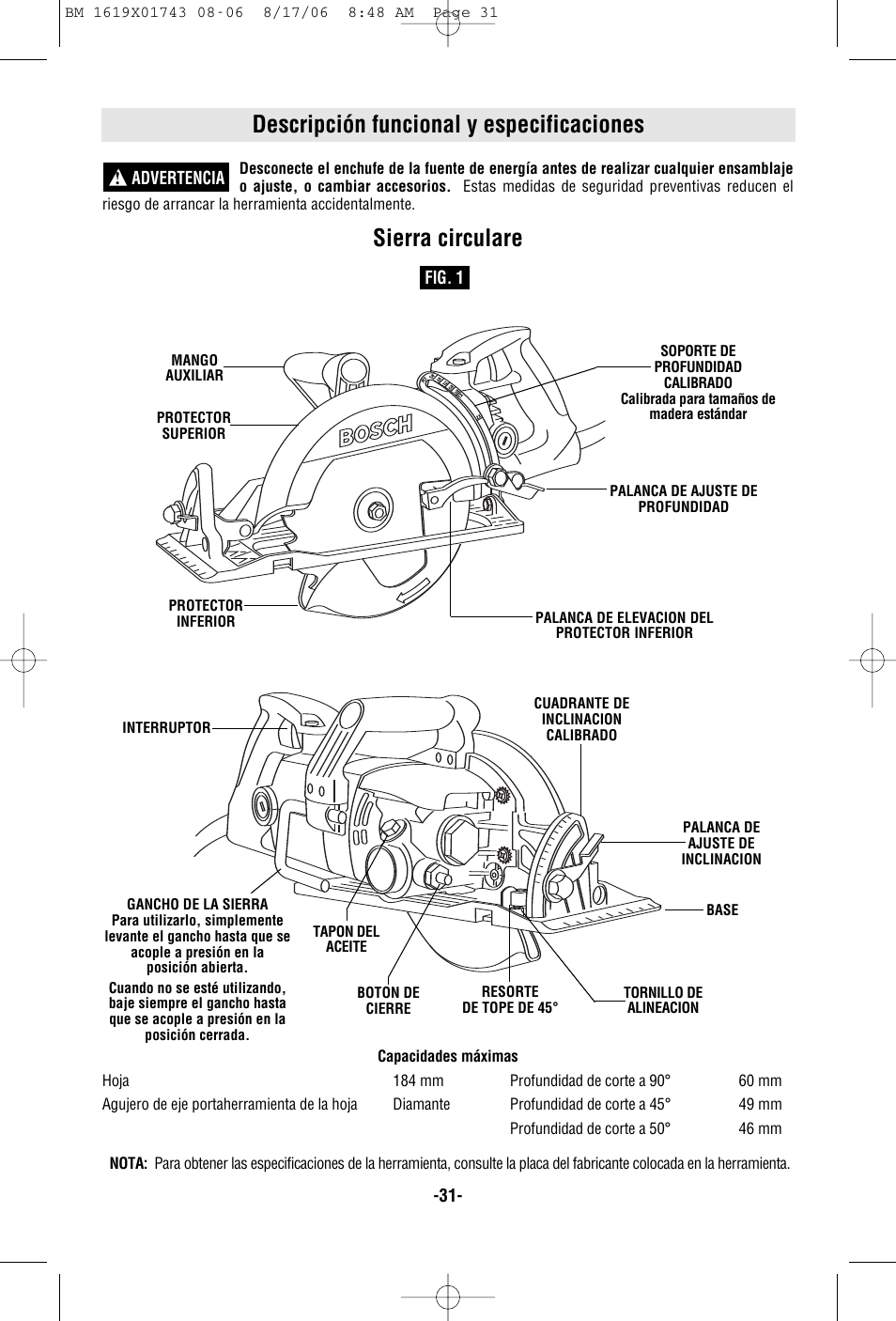Descripción funcional y especificaciones, Sierra circulare | Skil 1677M User Manual | Page 31 / 40
