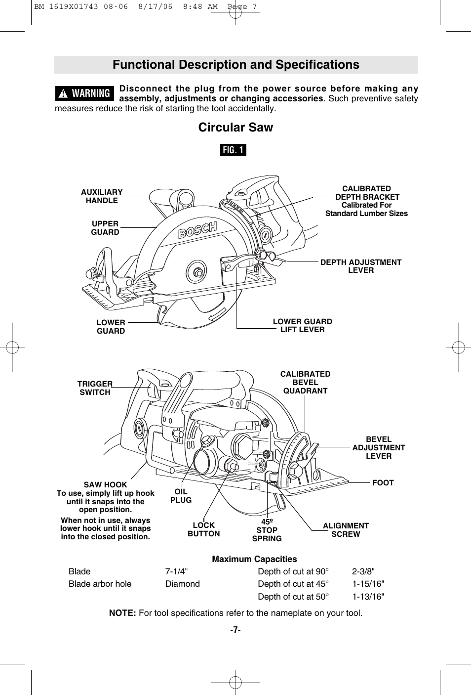 Functional description and specifications, Circular saw, Warning | Skil 1677M User Manual | Page 7 / 40